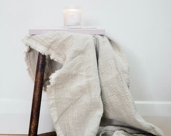 Pure Linen Throw Blanket in Large, Natural Colour, Fringed Soft Bed and Couch Throw