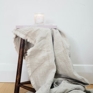 Pure Linen Throw Blanket in Large, Natural Colour, Fringed Soft Bed and Couch Throw