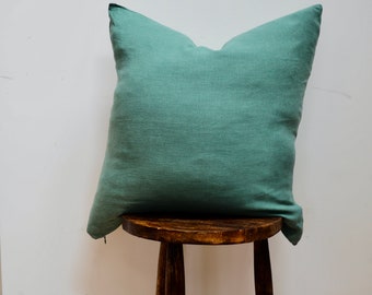 Pure French Linen Cushion Cover in Green with Zipper, Rustic Linen Throw Pillow Case 50 x 50 cm, 19 x 19 inches