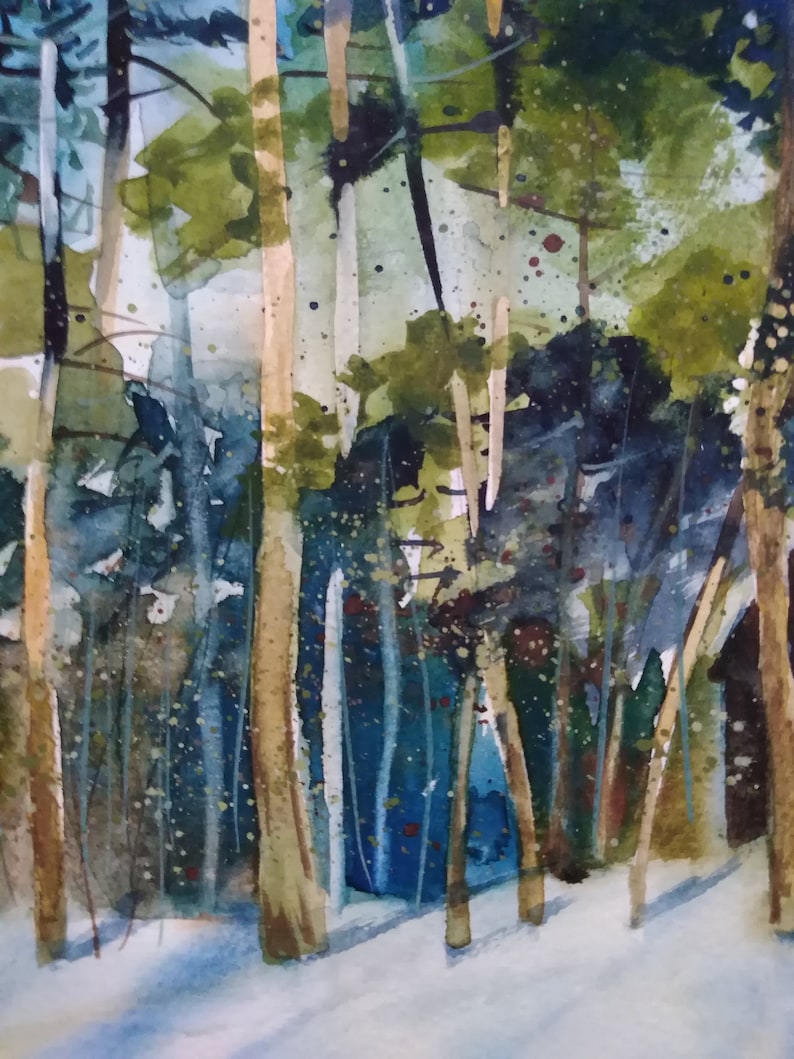 Green trees Landscape Original painting in watercolor Winter enchanted forest house in the forest pines Christmas gift for her.
