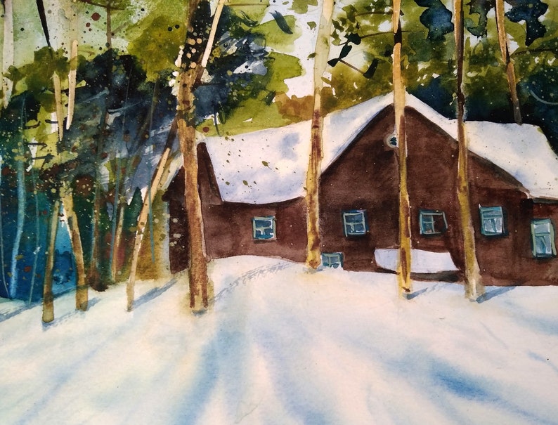 Green trees Landscape Original painting in watercolor Winter enchanted forest house in the forest pines Christmas gift for her.