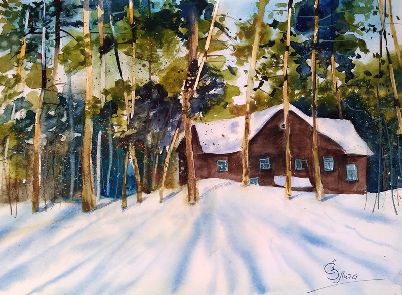 Green trees Landscape Original painting in watercolor Winter enchanted forest house in the forest pines Christmas gift for her.