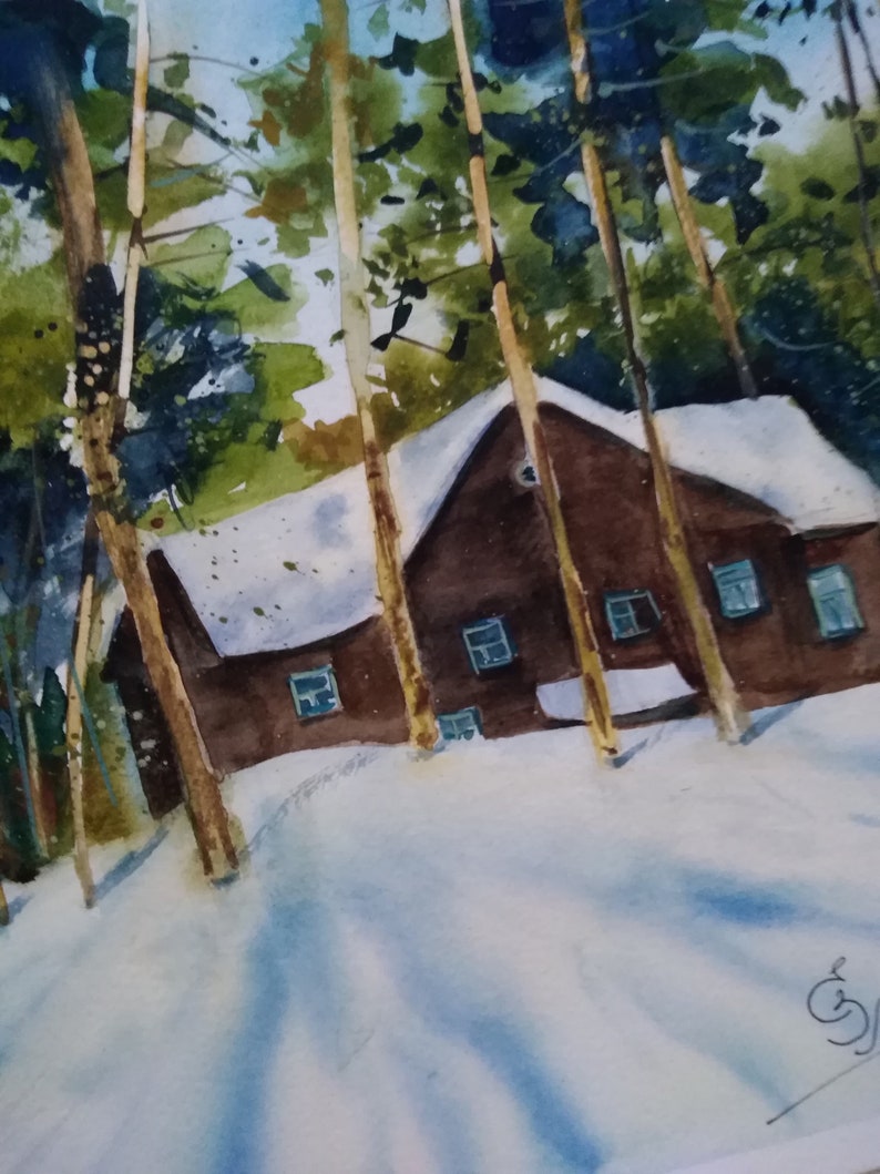 Green trees Landscape Original painting in watercolor Winter enchanted forest house in the forest pines Christmas gift for her.