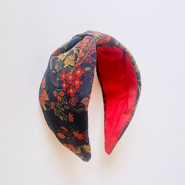 Silk knot Headband, vintage red and green Kimono floral flat knot, turban hairband, unique gift, wedding, party, Christmas.