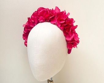 Pink Himbeer Haarband Hortensien Blüten Krone Fascinator Haarband Hochzeit, Haarschmuck, Himbeere Blütenkranz, Fascinator Haarband