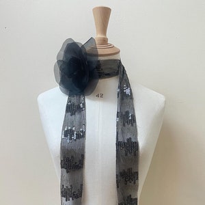 Black pure silk rose sequin flower corsage black sequin ribbon choker necklace, Art Deco vintage pendant Romantic gothic burlesque  gift