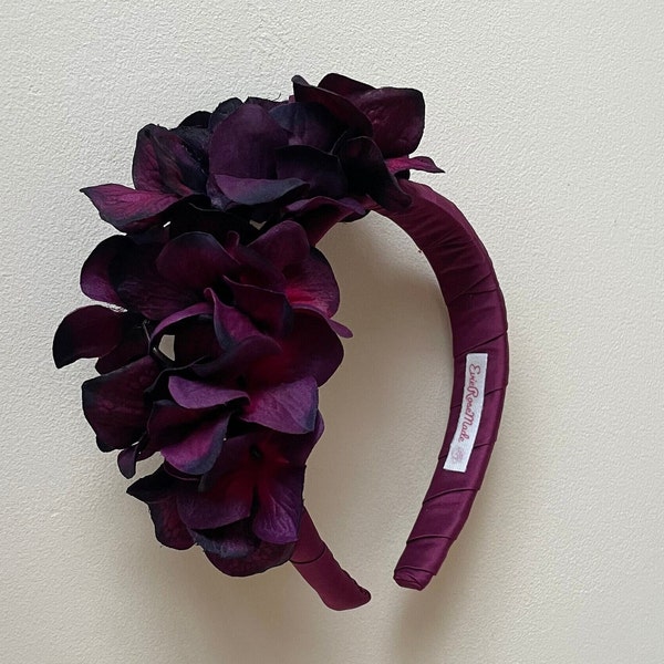 Plum  hydrangea headband fascinator, burgundy  flower crown,  vintage Luxury dark fushia, Headband, mini hat statement wedding, races