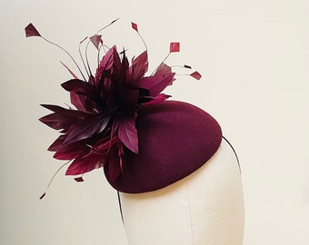 Burgundy feather flower hat, pure wool Pillbox hat, fascinator hat, vintage side hat, wedding guest, millinery couture, races, cocktail hat