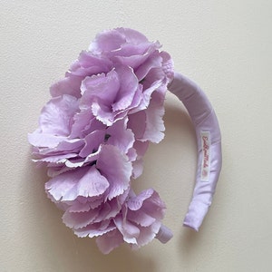 Lilac hydrangea fascinator  headband, silk covered padded luxury flower headband, lavender Luxury statement wedding guest , race day