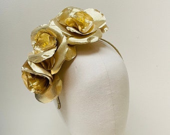 Gold rose headband fascinator, bronze Hatinators hat, statement head crown. Ascot, Derby, Wedding, Races, Festival