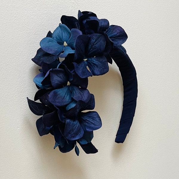 Navy blue Hydrangea headband fascinator flower headband, vintage blue Luxury Headband,statement wedding, races, festival, UK Made