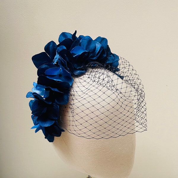 Blue hydrangea headband fascinator, blue ombre veiled silk covered crown, flower piece ,Luxury Headband, statement wedding, races, festival