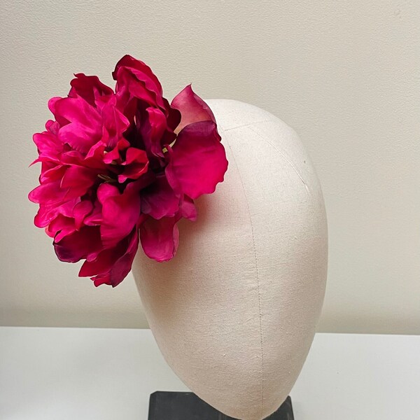 Pink magenta peony rose hair Flower Fascinator hair clip, crimson Statement headpiece corsage or brooch, wedding, bridal, races, festival