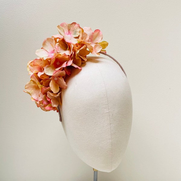 Apricot hydrangea headband fascinator, peach coral pink wired high end flower tiara crown, Mother of bride wedding, races
