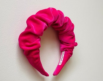 Hot Pink Velvet Ruffle ruched headband, scrunchie gathered crown Hairband, Wedding, Races, Evening,everyday accessory. Uk Made