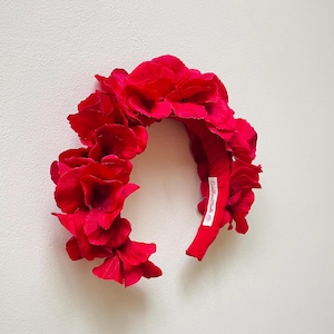 Red hydrangea headband fascinator crown, scarlet flower headband, Luxury statement wedding, races, special event, bespoke handmade