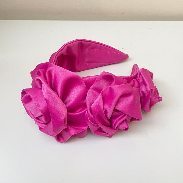 Pink Rosette headband fascinator, silk satin fushia magenta hot pink unique statement millinery headpiece, crown, wedding guest, races