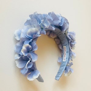 Blue Hydrangea flower crown fascinator headband, vintage cornflower dusky blue Luxury Headband, statement wedding, races, festival, UK Made