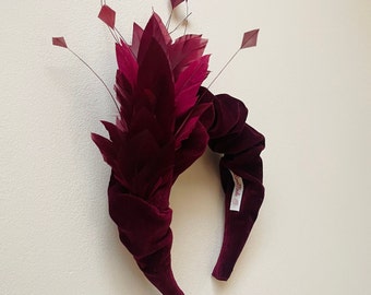 Burgundy feather velvet padded  headband fascinator luxury unique headband, silk Halo headpiece, crown, wedding, races,uk made