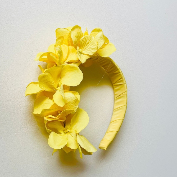 Yellow hydrangea flower headband  fascinator headband, flower crown, festival, wedding races, statement hand dyed flowers