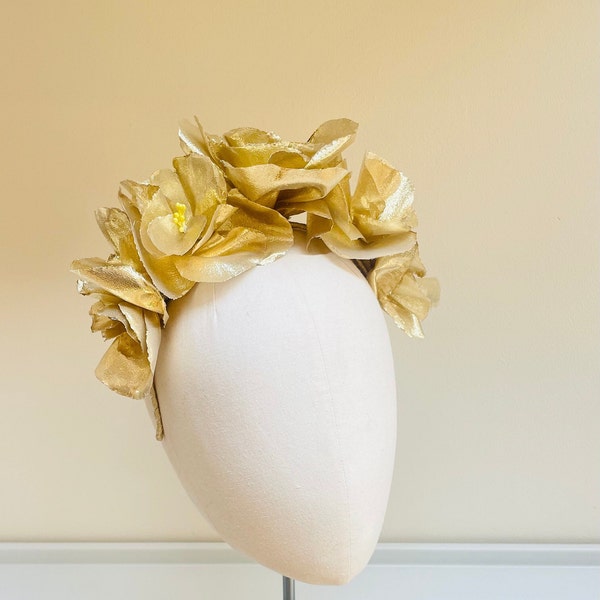 Gold rose headband Fascinator, tiara crown, flower statement Hatinator hat, Ascot derby, Wedding, Races, Festival