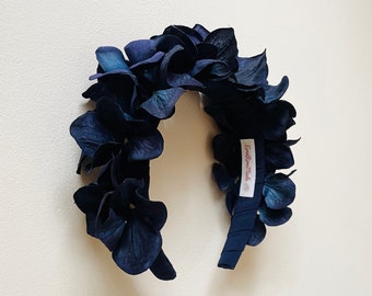 Navy Blue fascinator headband, Ombré Hydrangea, silk covered head crown fascinator flower piece ,Luxury statement wedding, races, festival