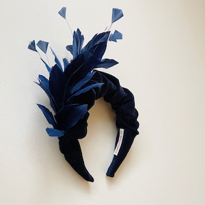 Navy Blue Feather Fascinator headband Headpiece, Velvet Padded ruffle Wedding Guest, Races, mother of bride Hair band, blue accessory