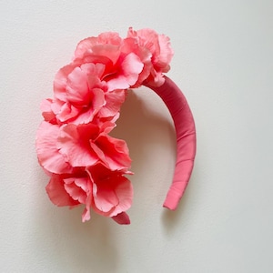 Coral Headband fascinator, hydrangea  side flower ruffle headband fascinator, wedding guest, mother of bride, ascot derby ladies day