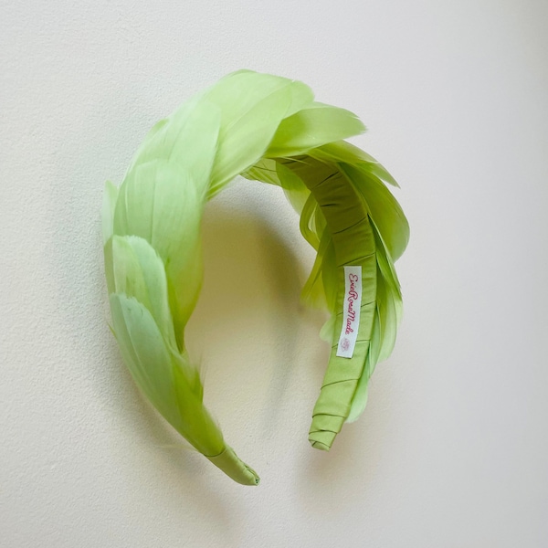 Lime green Feather headband, apple lime fascinator crown ,Luxury Statement head piece , statement for wedding, race day ,special event