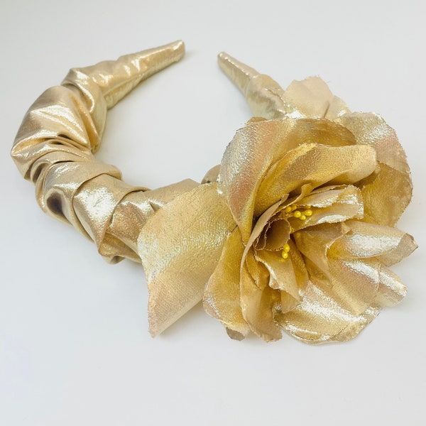 Gold flower headband fascinator, Metalic flower crown Luxury handmade,  statement head piece for wedding,races,festivals, UK Made