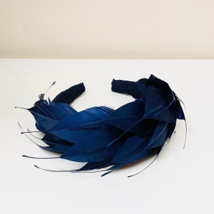Navy Blue  Feather headband fascinator, crepe silk covered crown,high end Statement Mother of the bride wedding guest, ascot derby