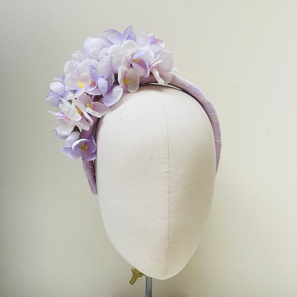 Lilac headband Fascinator, lilac ombré blossom headband, silk covered padded side flower headpiece crown, wedding, races, festival