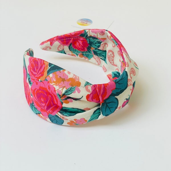 Rose flat knot Hairband, floral magenta and green premium art house fabric Hair Band, hot Pink floral Flower Print Turban Band, uk handmade