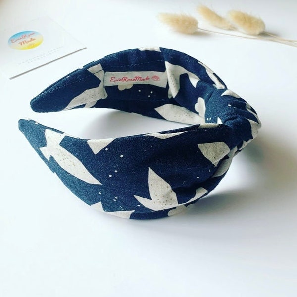 Navy blue Headband, top knot hairband , Kibori Bird hairband, Turban headband, alice band hair accessory, abstract monochrome, uk handmade