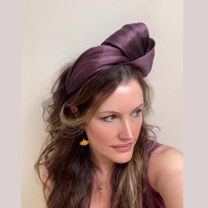 Plum fascinator padded headband Aubergine dark burgundy silk abaca turban glamour headpiece, blusher veil crown, wedding guest, race day