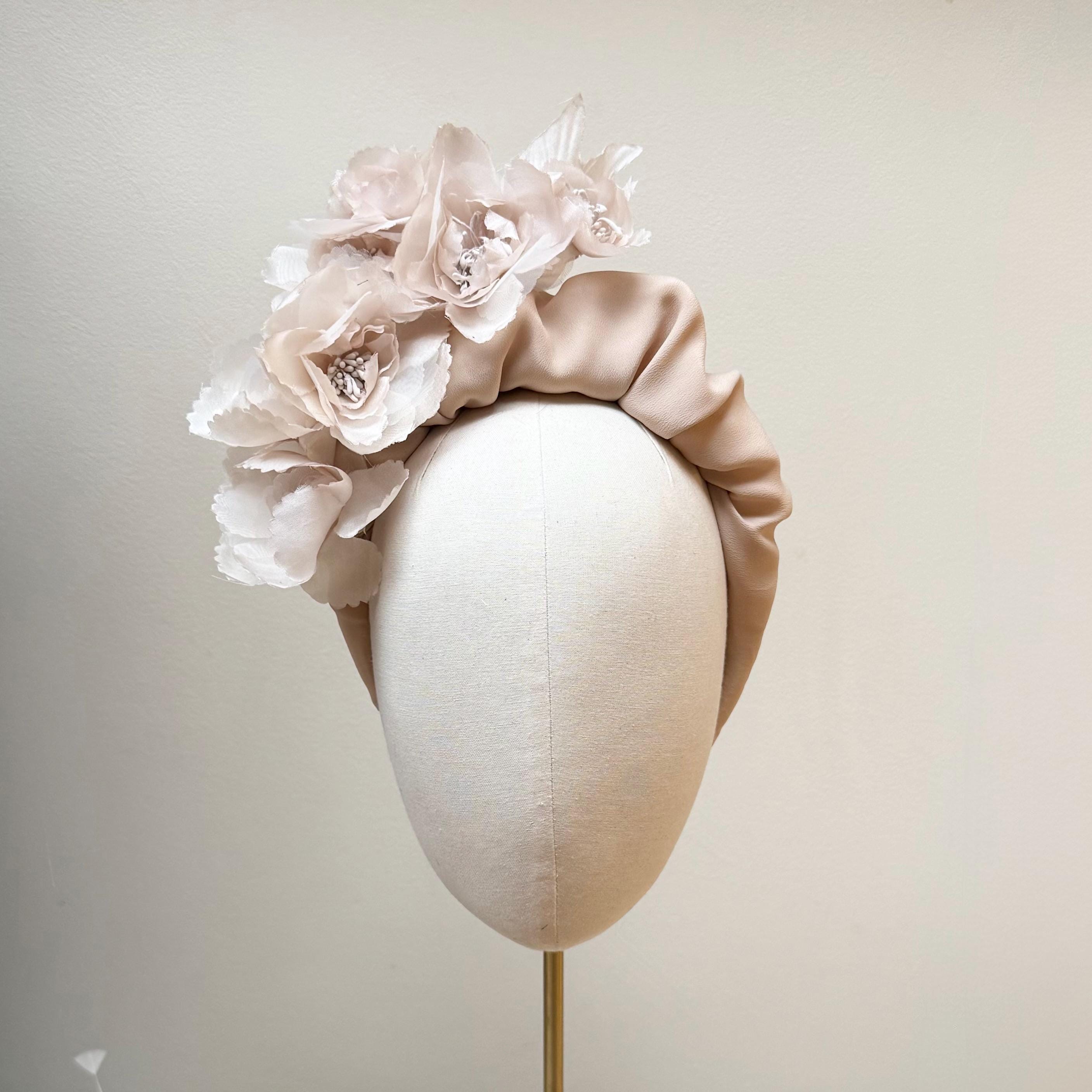 Champagne Beige Flower Fascinator Headband, Silk Ruffle 