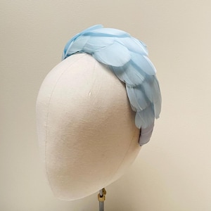 Pale Blue feather padded headband fascinator, statement headpiece hat wedding guest, bridesmaid, race day, ascot derby cup.