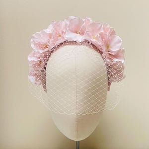 Pink Hydrangea fascinator headpiece blusher veil flower crown, pale pink Luxury Headband, wedding, mother bride, ascot derby festival