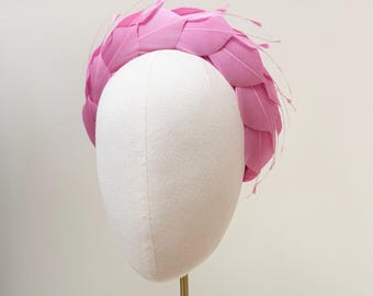 Candy Pink Feather Fascinator Headband, Luxury Silk Halo Headpiece