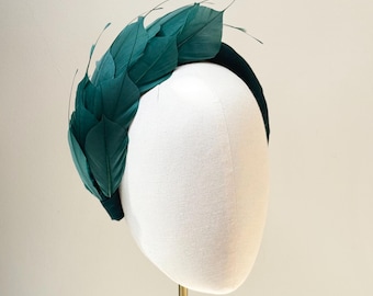 Bottle Green  Feather Fascinator Headband, pure silk Padded Headpiece for weddings and races