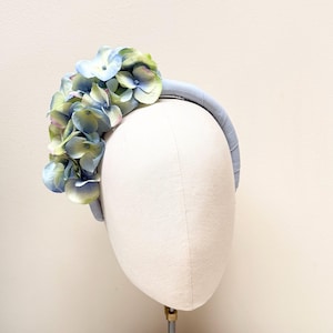 blue green hydrangea flower fascinator headband, ombré flower crown, crepe silk covered band, mother of bride, wedding guest races
