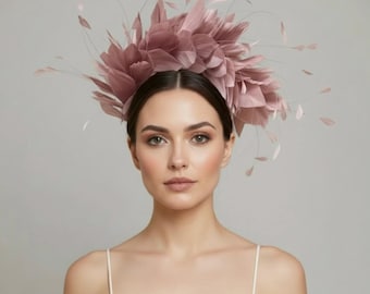 Dusky Pink Feather Crown, large Fascinator Headpiece for weddings, Ascot, Derby