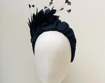 Black Feather Fascinator Headband real pure silk Padded halo Headpiece Wedding Guest Races, mother of bride, funeral, ascot race day