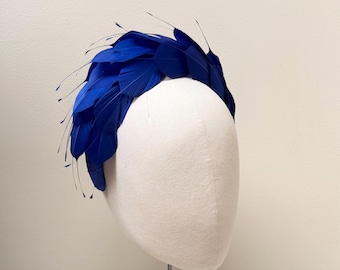 Royal Blue Feather Fascinator Headband, Luxury Sapphire Headpiece