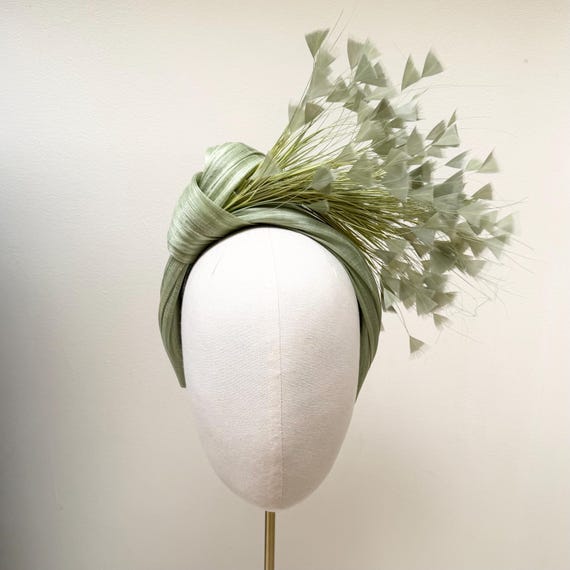 Light Olive Green Feather Fascinator Headband, Silk Abaca Turban, Ascot Races