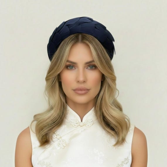 Navy Blue Feather Fascinator Headband, Veiled Halo Crown