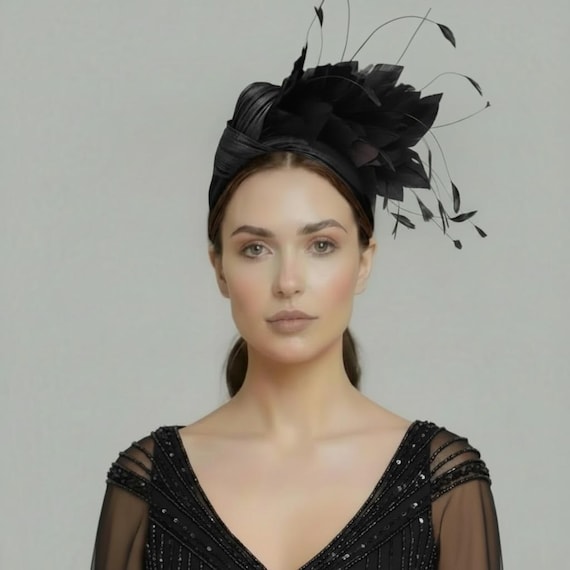 Black Fascinator headband with feathers, Silk Abaca Turban Headband for weddings and race day