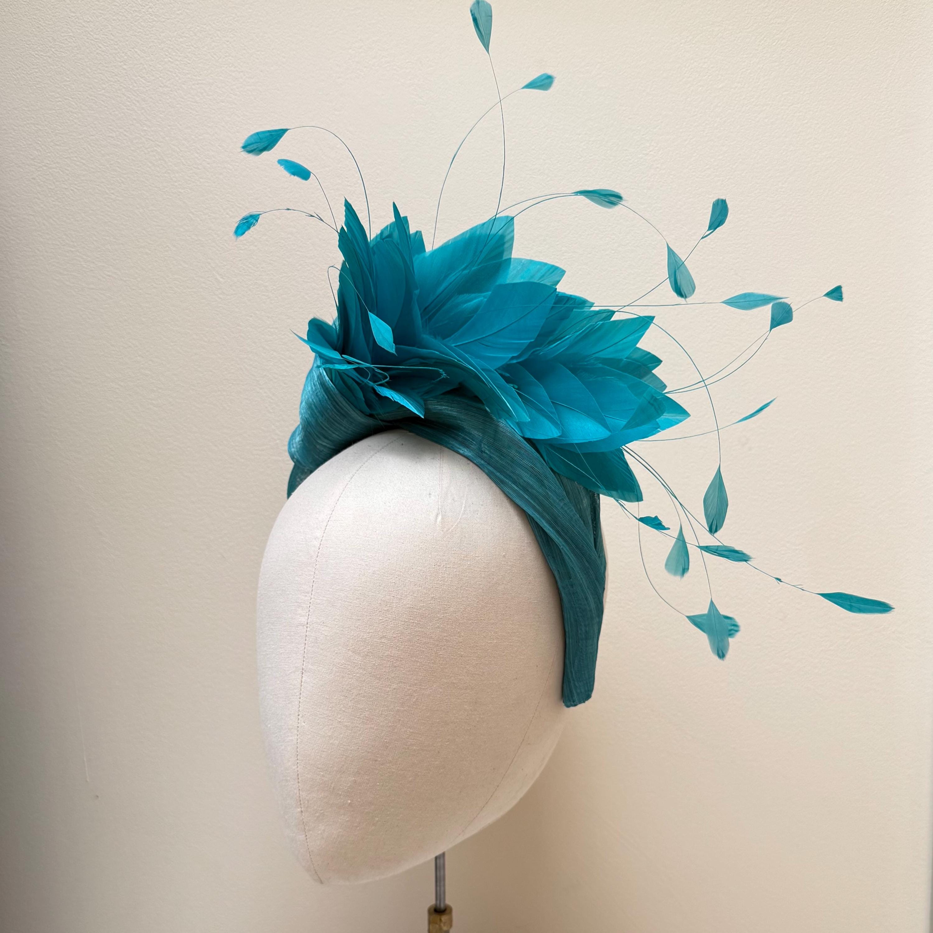 Teal Turquoise Feather Fascinator Headband, Silk Abaca  display picture 3