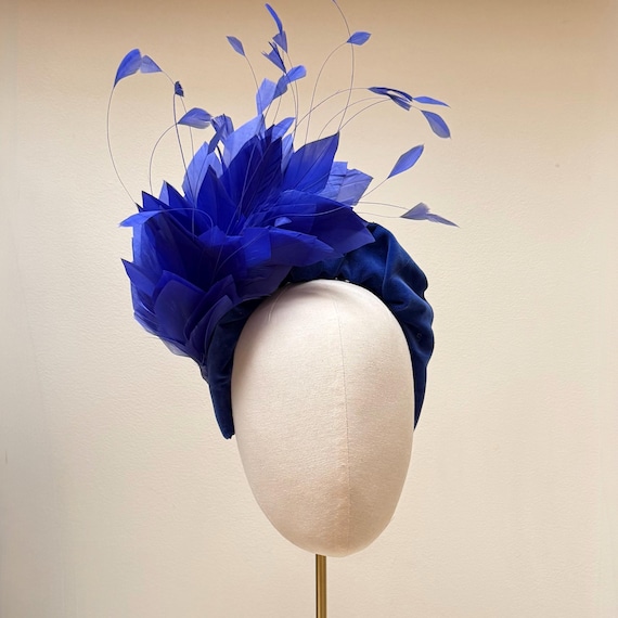 Royal Blue Large Feather Fascinator Headband, Velvet Padded  display picture 1