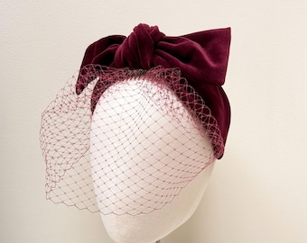 Diadema de terciopelo burdeos con lazo, estilo vintage